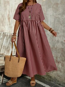 EMERY ROSE Plus Size Tangerine Tropical Leaf Print Round Neck Short Sleeve A-Line Midi Dress Summer Casual Beach Vacation Holiday Going Out Outfits Women Autumn - Burgundy - View 3