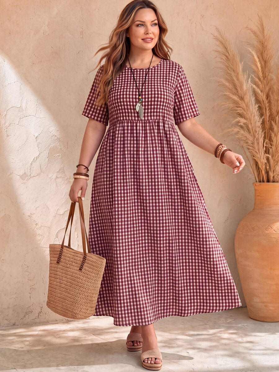 EMERY ROSE Plus Size Tangerine Tropical Leaf Print Round Neck Short Sleeve A-Line Midi Dress Summer Casual Beach Vacation Holiday Going Out Outfits Women Autumn - Burgundy - View 1