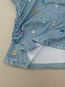 Resyla Best-Selling Recommended, Sweet & Cool Heavy-Duty Colorful Rhinestone Denim Style Women's Round Neck Short Sleeve T-Shirt, Daily Shopping, Dating, Bestie Outing - Multicolor - View 3