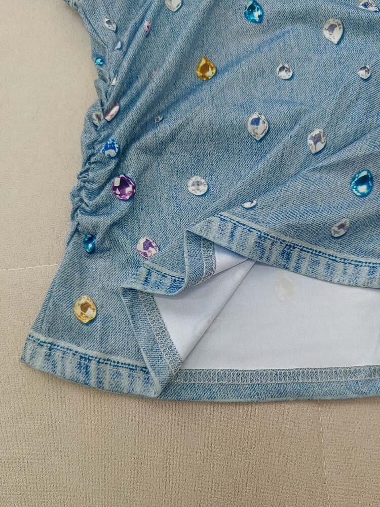 Resyla Best-Selling Recommended, Sweet & Cool Heavy-Duty Colorful Rhinestone Denim Style Women's Round Neck Short Sleeve T-Shirt, Daily Shopping, Dating, Bestie Outing - Multicolor - View 3