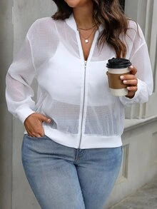Juhart Plus Size Women Spring & Autumn Solid Color Drop Shoulder Long Sleeve Sheer Baseball Jacket Fall Winter Cloth For Women - White - View 5