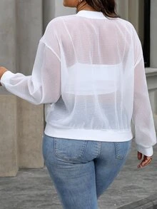 Juhart Plus Size Women Spring & Autumn Solid Color Drop Shoulder Long Sleeve Sheer Baseball Jacket Fall Winter Cloth For Women - White - View 2