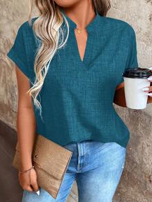 EMERY ROSE Plus Size Plain V-Neck Short Sleeve Simple Casual Shirt - Blue - View 8