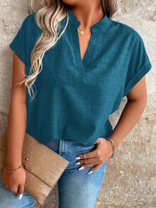 EMERY ROSE Plus Size Plain V-Neck Short Sleeve Simple Casual Shirt - Blue - View 5