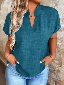 EMERY ROSE Plus Size Plain V-Neck Short Sleeve Simple Casual Shirt - Blue - View 3