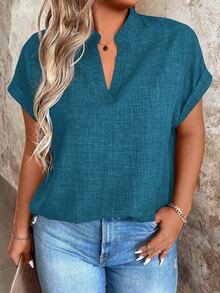 EMERY ROSE Plus Size Plain V-Neck Short Sleeve Simple Casual Shirt - Blue - View 7