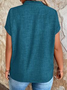 EMERY ROSE Plus Size Plain V-Neck Short Sleeve Simple Casual Shirt - Blue - View 2