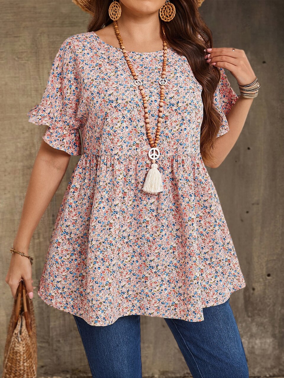Plus Size Women's Pink Floral Printed Round Neck Short Sleeve Ruffled Babydoll Blouse,Tunic Top,Summer,Boho,Western,Vacation,Holiday Country Concert