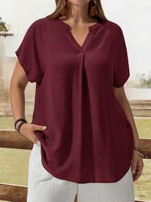 EMERY ROSE Plus Size Men/Women Plain Short Sleeve Shirt, Minimalist & Fashionable, Suitable For Summer - Burgundy - View 7