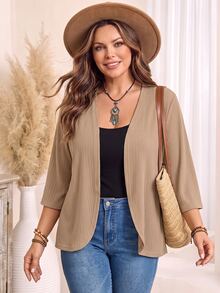 EMERY ROSE Plus Size Women's Mid-Length Sleeve Jacquard Texture Cardigan Beach Vacation Jacket Spring For Women Summer For Women Fall - Apricot - View 3