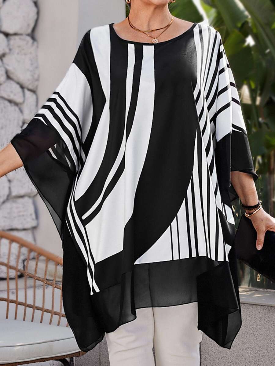 EMERY ROSE Plus Size Women Striped Round Neck Batwing Loose Elegant Casual Grandma Blouse Spring For Women Summer For Women, Vacation Fall - Multicolor - View 1