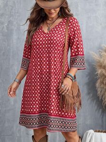Plus Size Vacation Leisure Printed Splicing Long Dress For New Year Clothes Fall - Red - View 3