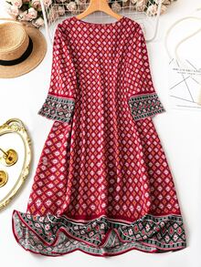 Plus Size Vacation Leisure Printed Splicing Long Dress For New Year Clothes Fall - Red - View 2