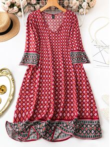 Plus Size Vacation Leisure Printed Splicing Long Dress For New Year Clothes Fall - Red - View 1