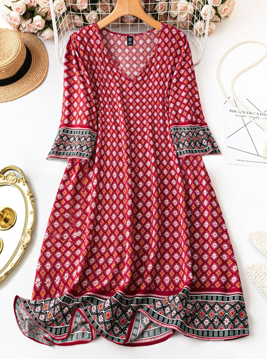 Plus Size Vacation Leisure Printed Splicing Long Dress For New Year Clothes Fall - Red - View 1