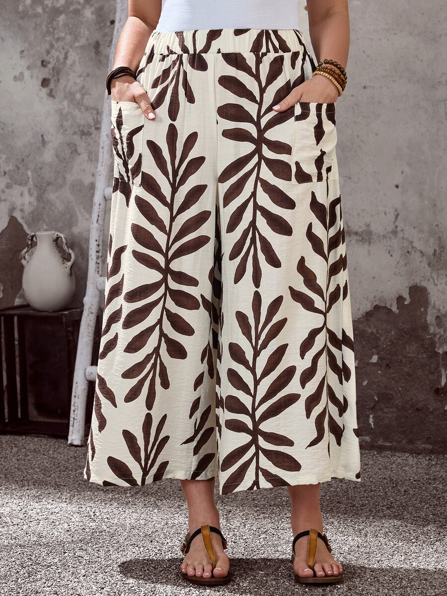 EMERY ROSE Plus Size Women's Beige Summer Boho Vacation Holiday,Country Plant Floral Print Pocket Wide Leg Loose Capri Pants,Casual Spring Break Beach Wear Fall