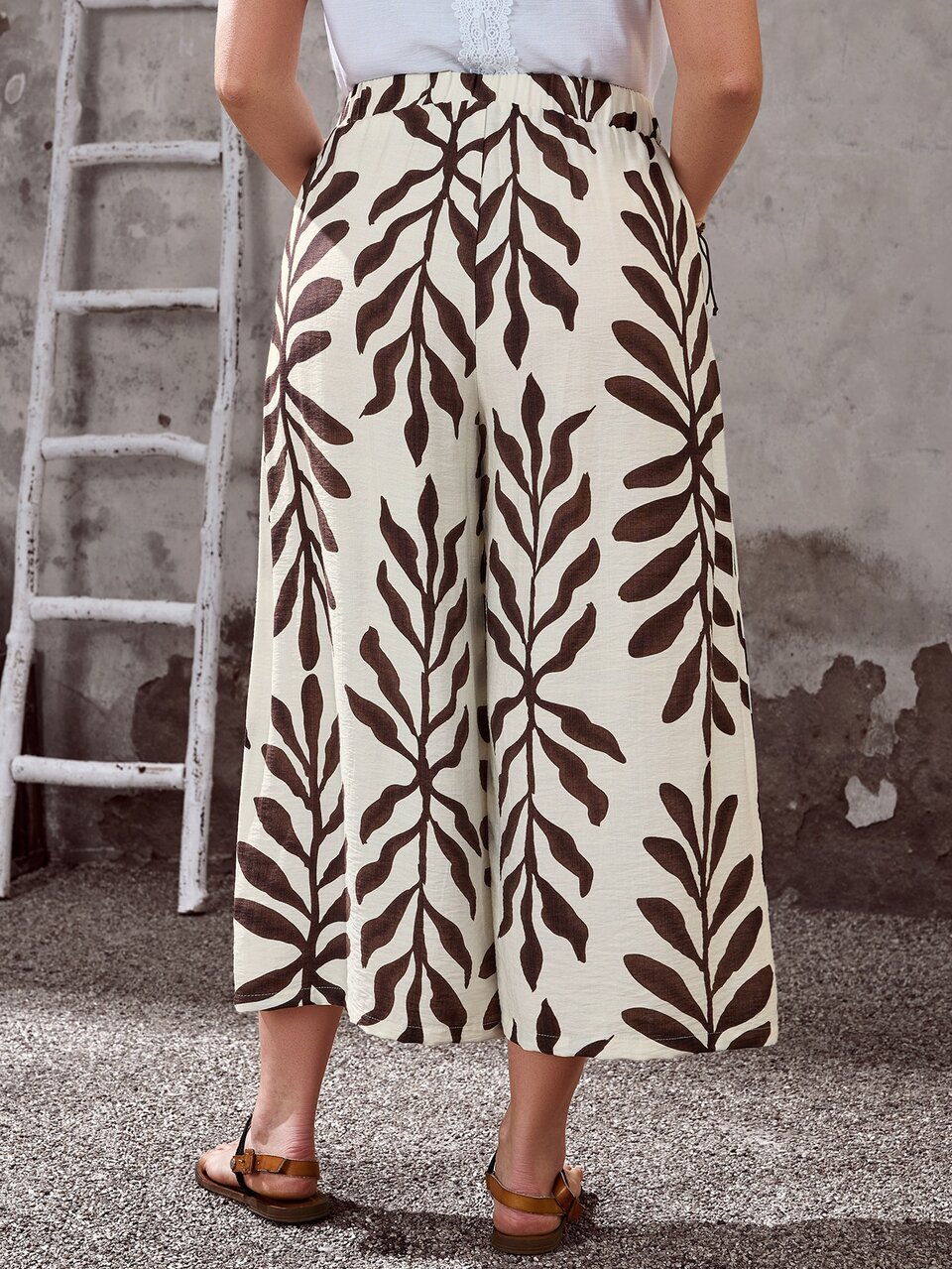 Plus Size Women's Beige Summer Boho Vacation Holiday,Country Plant Floral Print Pocket Wide Leg Loose Capri Pants,Casual Spring Break Beach Wear Fall