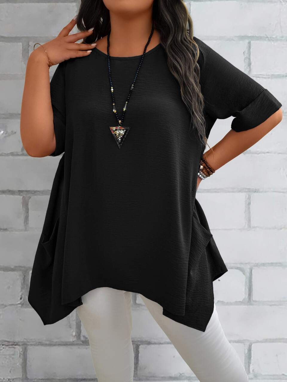 Plus Size Women's Summer Blue Round Neck Short Sleeve Double Pocket Loose Casual Mom Shirts