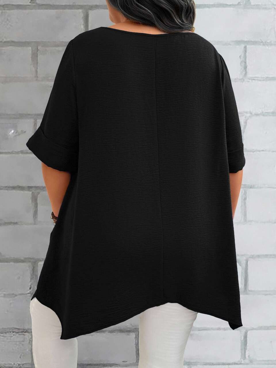 Plus Size Women's Summer Blue Round Neck Short Sleeve Double Pocket Loose Casual Mom Shirts