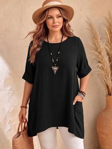 EMERY ROSE 大尺碼女士藍色圓領短袖雙口袋寬鬆休閒媽媽衫 - 黑色 - 查看 1
