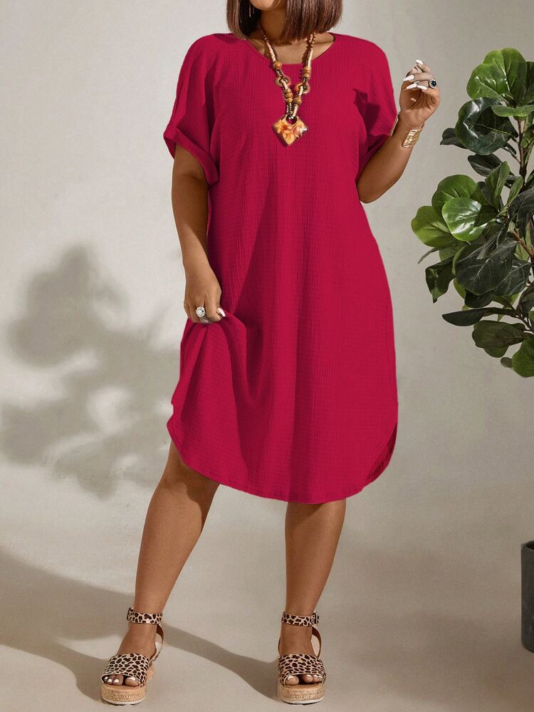 EMERY ROSE Vestido casual recto, holgado, de unicolor, de cuello redondo y manga corta para mujer de talla grande - Rosa Fucsia - Añade 5
