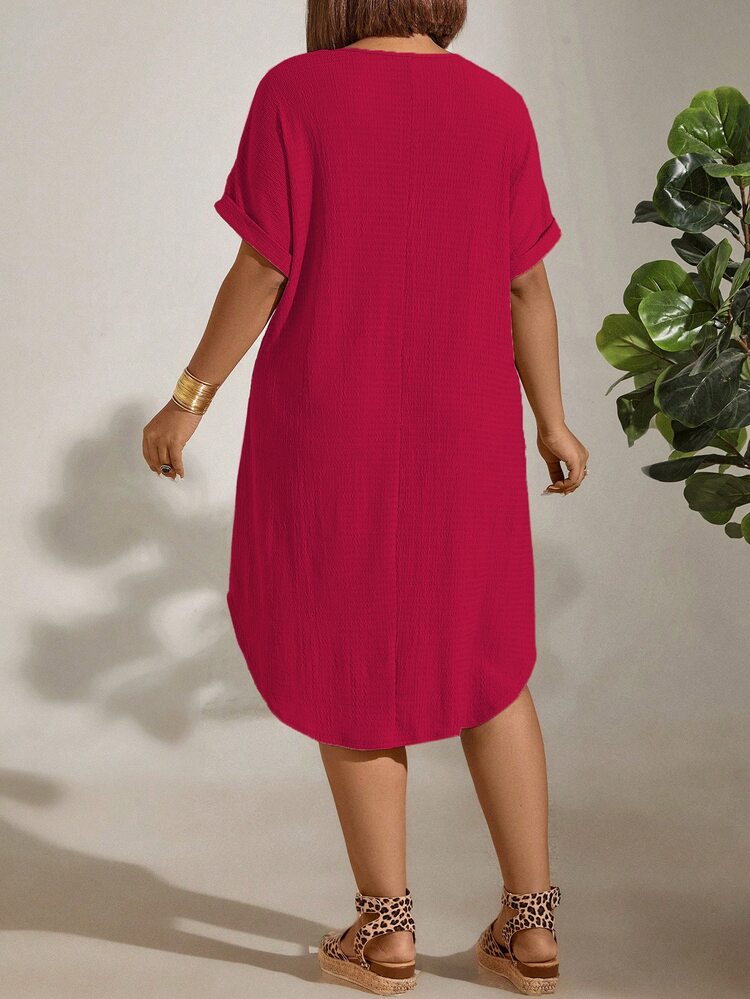 EMERY ROSE Vestido casual recto, holgado, de unicolor, de cuello redondo y manga corta para mujer de talla grande - Rosa Fucsia - Añade 2