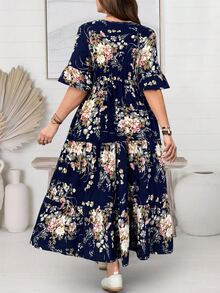 EMERY ROSE Plus Size Leisure Floral All-Over Print Ruffle Sleeve Dress,Spring Outfits For Women,Tropical Vacation Woman Clothes Fall - Navy Blue - View 2