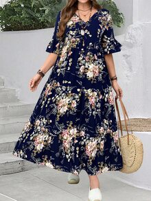 EMERY ROSE Plus Size Leisure Floral All-Over Print Ruffle Sleeve Dress,Spring Outfits For Women,Tropical Vacation Woman Clothes Fall - Navy Blue - View 3