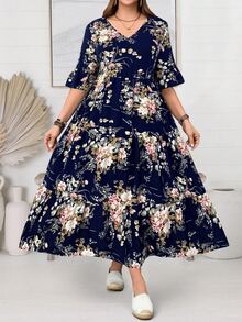 EMERY ROSE Plus Size Leisure Floral All-Over Print Ruffle Sleeve Dress,Spring Outfits For Women,Tropical Vacation Woman Clothes Fall - Navy Blue - View 5
