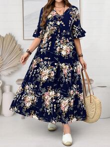 EMERY ROSE Plus Size Leisure Floral All-Over Print Ruffle Sleeve Dress,Spring Outfits For Women,Tropical Vacation Woman Clothes Fall - Navy Blue - View 6