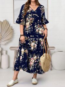 EMERY ROSE Plus Size Leisure Floral All-Over Print Ruffle Sleeve Dress,Spring Outfits For Women,Tropical Vacation Woman Clothes Fall - Navy Blue - View 4