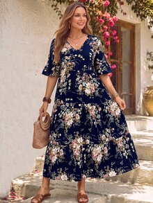EMERY ROSE Plus Size Leisure Floral All-Over Print Ruffle Sleeve Dress,Spring Outfits For Women,Tropical Vacation Woman Clothes Fall - Navy Blue - View 1