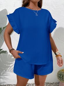 EMERY ROSE 2 件大码度假休闲纯色荷叶边袖衬衫和短裤套装女夏装夏装女装女夏季衬衫女加大码商务休闲装，2 件夏季服装 - 寶藍色 - 查看 6
