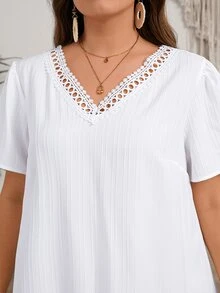 EMERY ROSE Plus Size Women Solid Color Contrast Lace Short Sleeve Loose Casual Dress,Summer Outfits For Women,Spring/Vacation - White - View 9