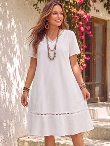 EMERY ROSE Plus Size Women Solid Color Contrast Lace Short Sleeve Loose Casual Dress,Summer Outfits For Women,Spring/Vacation - White - View 3