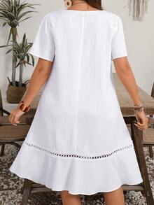 EMERY ROSE Plus Size Women Solid Color Contrast Lace Short Sleeve Loose Casual Dress,Summer Outfits For Women,Spring/Vacation - White - View 8