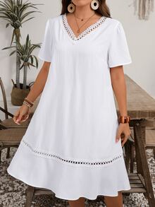 EMERY ROSE Plus Size Women Solid Color Contrast Lace Short Sleeve Loose Casual Dress,Summer Outfits For Women,Spring/Vacation - White - View 7