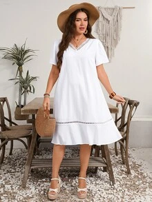EMERY ROSE Plus Size Women Solid Color Contrast Lace Short Sleeve Loose Casual Dress,Summer Outfits For Women,Spring/Vacation - White - View 5