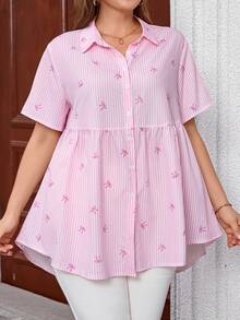 EMERY ROSE Plus Size Open Front Raglan Short Sleeve Striped Bow Print Peplum Blouse, , Tunic Top, Formal Tops For Women, Teacher Shirts - Pink - View 5