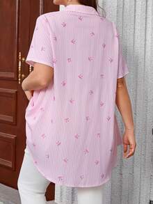 EMERY ROSE Plus Size Open Front Raglan Short Sleeve Striped Bow Print Peplum Blouse, , Tunic Top, Formal Tops For Women, Teacher Shirts - Pink - View 2
