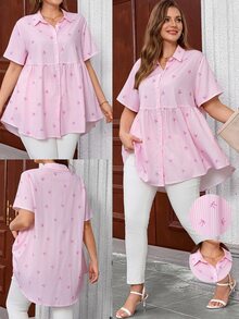 EMERY ROSE Plus Size Open Front Raglan Short Sleeve Striped Bow Print Peplum Blouse, , Tunic Top, Formal Tops For Women, Teacher Shirts - Pink - View 3
