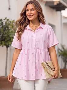 EMERY ROSE Plus Size Open Front Raglan Short Sleeve Striped Bow Print Peplum Blouse, , Tunic Top, Formal Tops For Women, Teacher Shirts - Pink - View 1