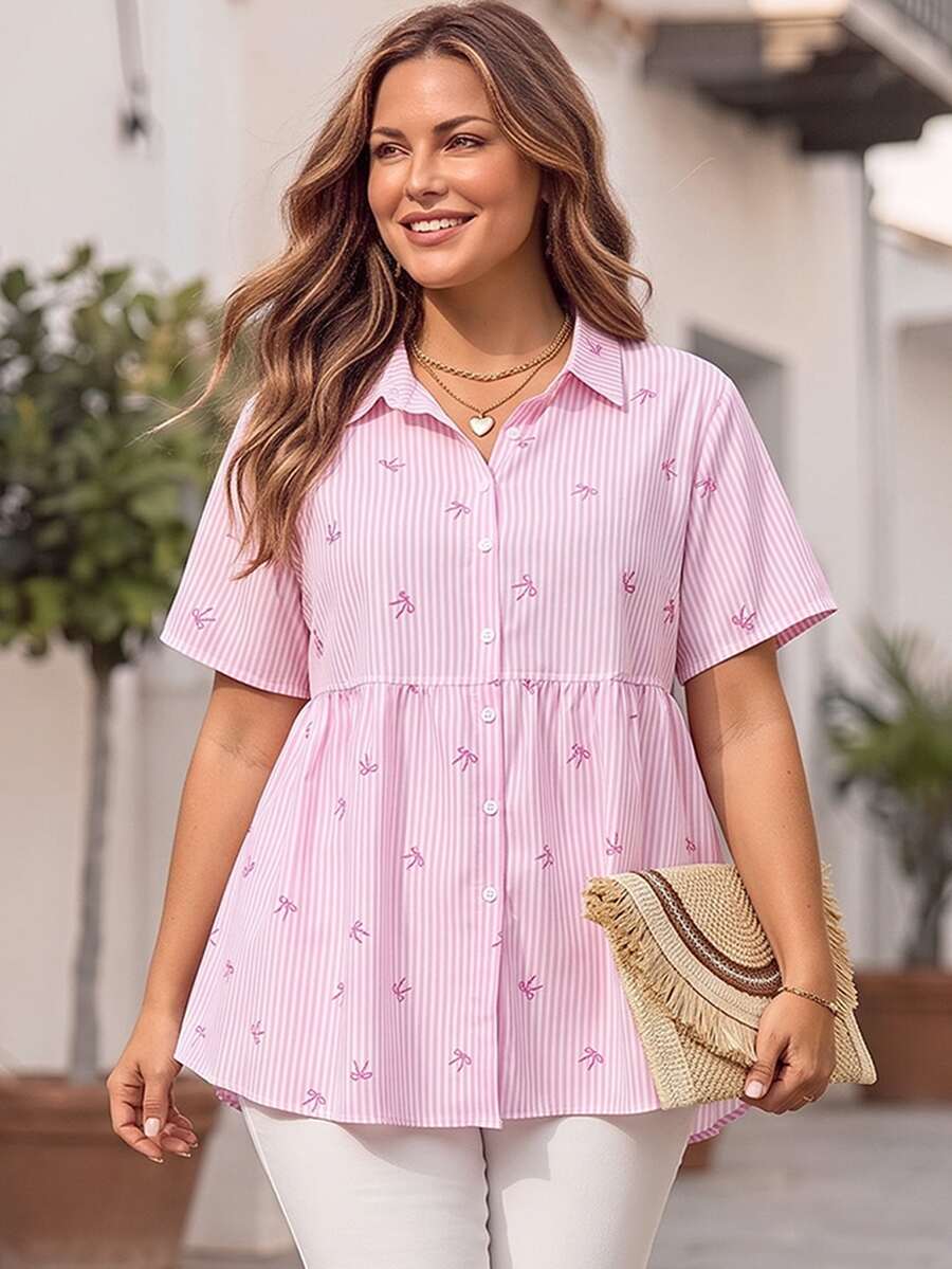 EMERY ROSE Plus Size Open Front Raglan Short Sleeve Striped Bow Print Peplum Blouse, , Tunic Top, Formal Tops For Women, Teacher Shirts - Pink - View 1