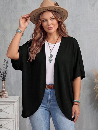 EMERY ROSE Plus Size Women Solid Color Bat-Wing Sleeve Open Front Casual Jacket Fall Clothes,Autumn,Fall Cardigans Black Kimono Summer Cardigan