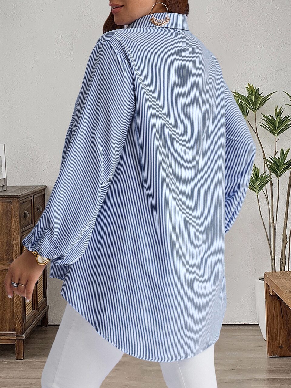 Plus Size Winter Women Casual Striped Lantern Sleeve Shirt,Fall,Vacation Woman / Vacation,Fall For Women
