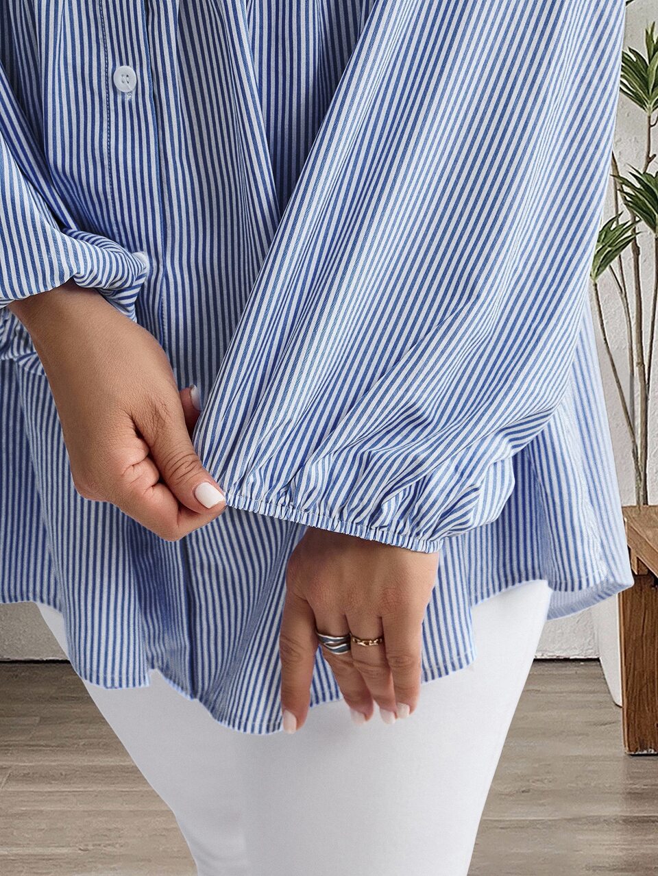 Plus Size Winter Women Casual Striped Lantern Sleeve Shirt,Fall,Vacation Woman / Vacation,Fall For Women