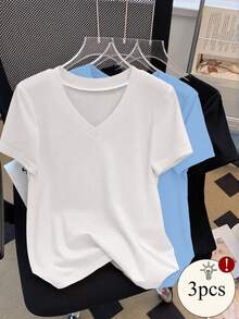 SHEIN Plus Size Solid Color Minimalist V-Neck Short Sleeve T-Shirt - Multicolor - View 1