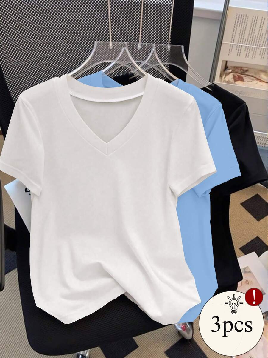 SHEIN Plus Size Solid Color Minimalist V-Neck Short Sleeve T-Shirt - Multicolor - View 1