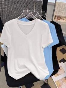 SHEIN Plus Size Solid Color Minimalist V-Neck Short Sleeve T-Shirt - Multicolor - View 3