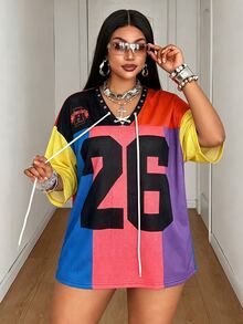 Maweii 大尺碼女款性感夏季度假拼色網布拼接鏤空緞帶抽繩字母與數字印花短袖T恤 - 彩色 - 查看 5